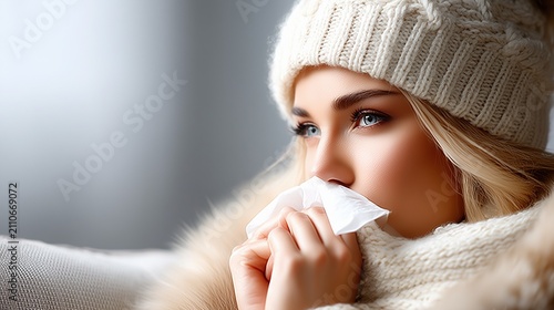 Young woman blowing nose with tissue while sitting indoors during cold season