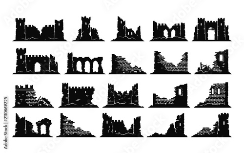 Collection of ruined castle silhouettes with varying designs and details black silhouette