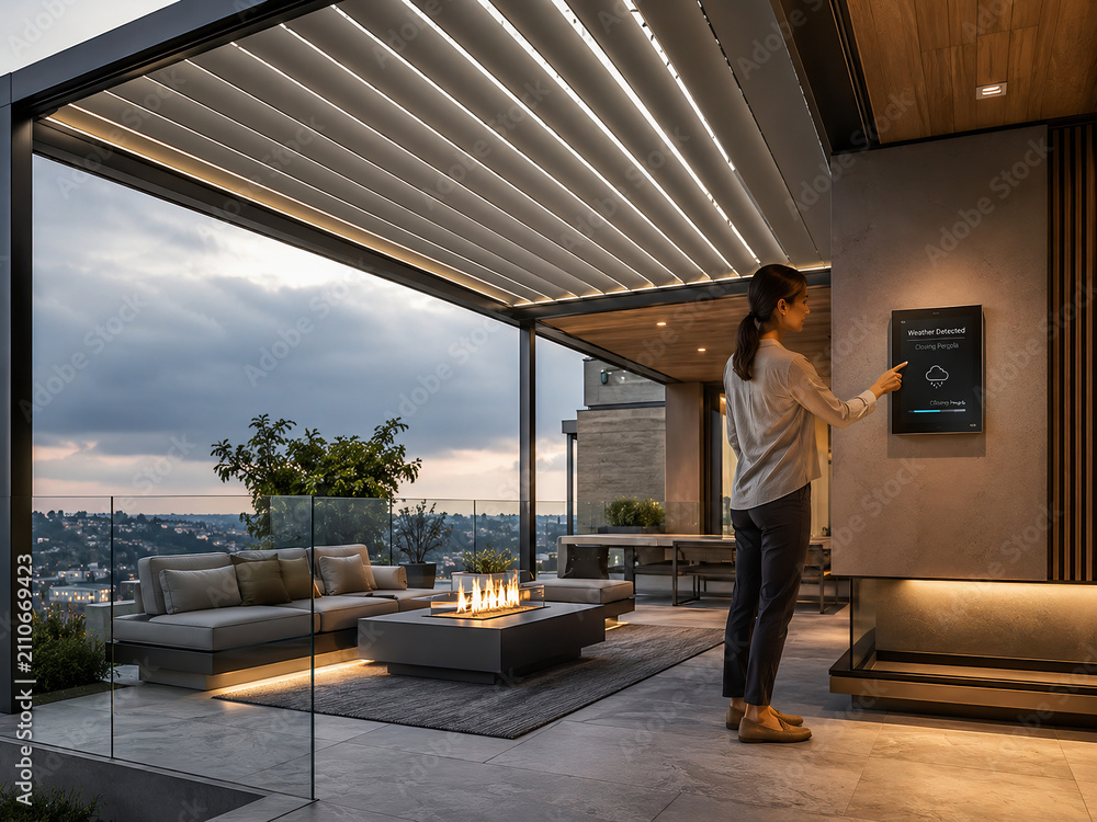 Woman using smart home touch panel to control modern outdoor pergola on luxury terrace