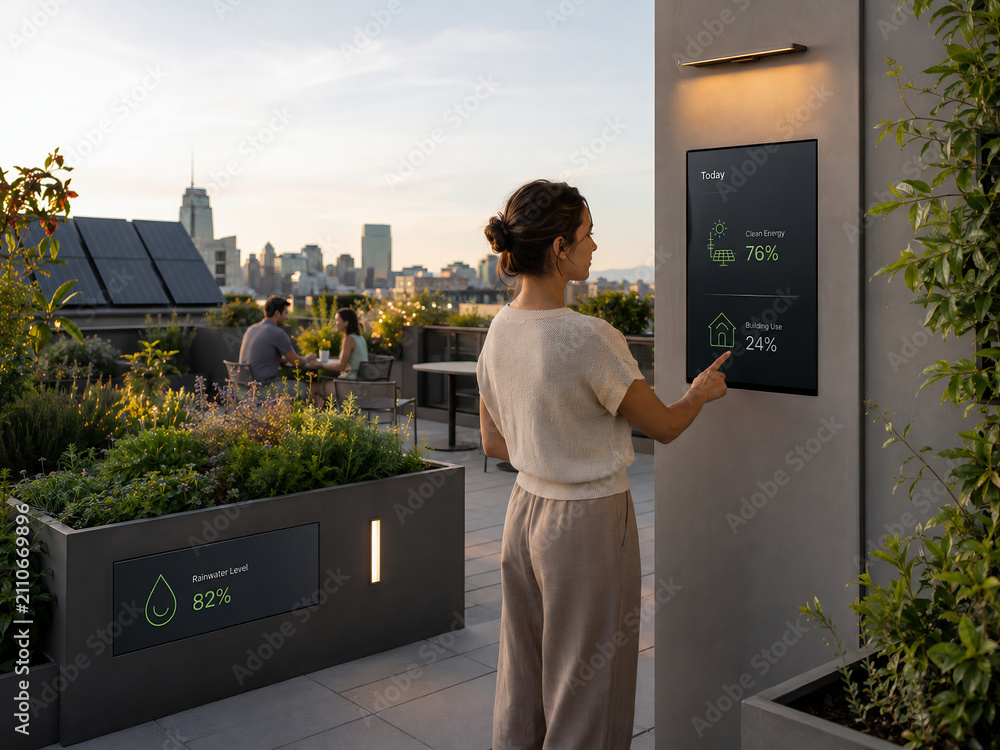 Woman using smart home energy management interface on a modern urban rooftop terrace