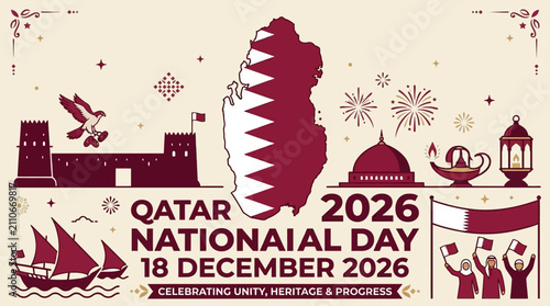 Qatar National Day 2026 banner showcases historical landmarks, traditional falconry, and citizens celebrating national unity.
