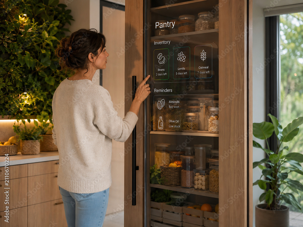Woman using smart pantry cabinet with digital touch screen display in modern kitchen