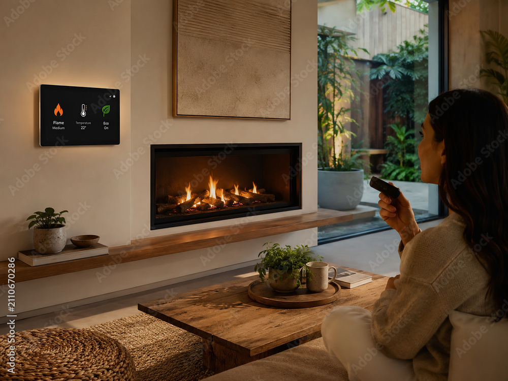 Woman using smart home remote to control modern fireplace in cozy living room
