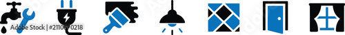 Home repair interior renovation icon set. faucet wrench, electric plug, paint brush, ceiling lamp, floor tiles, open door, window curtain