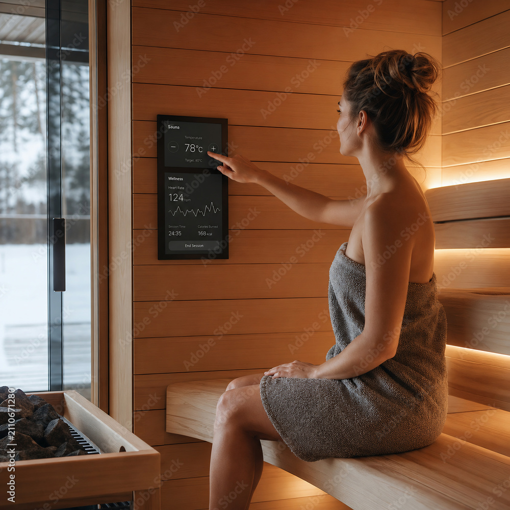 Woman adjusting temperature settings on a digital control panel inside a modern sauna
