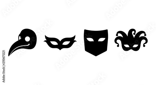 Set of 4 Black Masquerade Masks Vector Icons, Venetian Carnival Costume Symbols