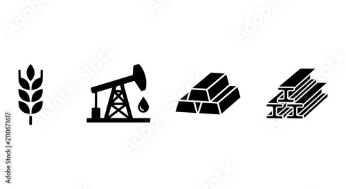 Bilde på lerret Commodity Icons: Wheat, Oil Pumpjack, Gold Bars, Steel Beams, Industry Resources
