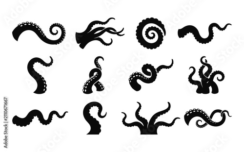 Foto Collection of black octopus tentacles in various shapes graphic silhouette