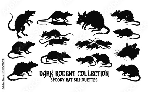 Collection of black rat silhouettes in various poses against a white background silhouette