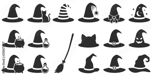 Fotografie Set of halloween witch hats and broomstick silhouettes, isolated on white backgr