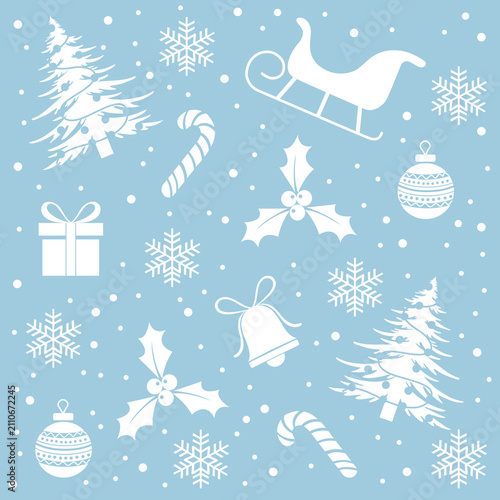 Festive Christmas seamless pattern featuring Santa Claus, holly, snowflakes, ornaments, candy canes, gifts and snowy trees on a soft blue background.