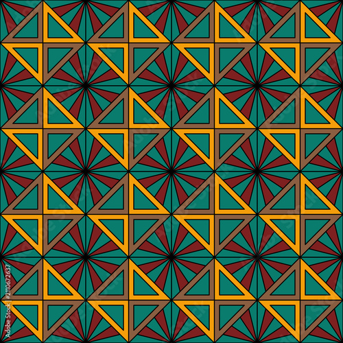Retro Geometric Triangular Starburst Seamless Pattern in Teal Yellow and Red