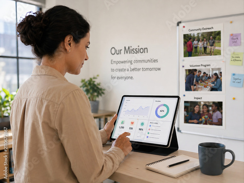 Woman analyzing non-profit impact data on a tablet in an office