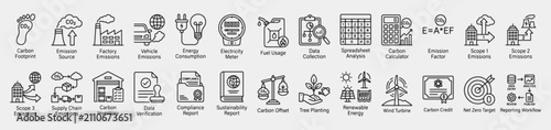 Carbon Accounting Process Line Icons Set for Emissions Tracking and Sustainability Reporting. Including Carbon Footprint, Emission Source, Factory Emissions, Vehicle Emissions, Fuel Usage, etc.