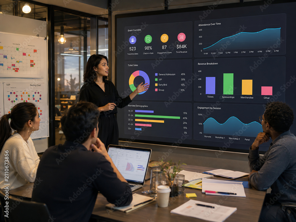 Business professional presenting data analytics on a large screen in a modern office meeting
