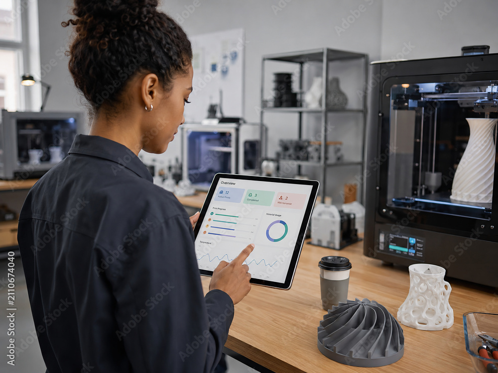 Engineer monitoring 3D printing process with a digital tablet in a modern workshop
