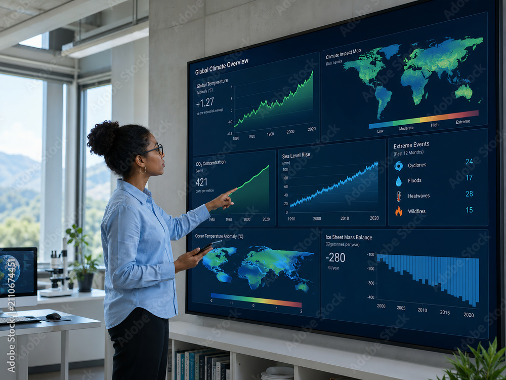Professional scientist analyzing climate change data on a large digital display