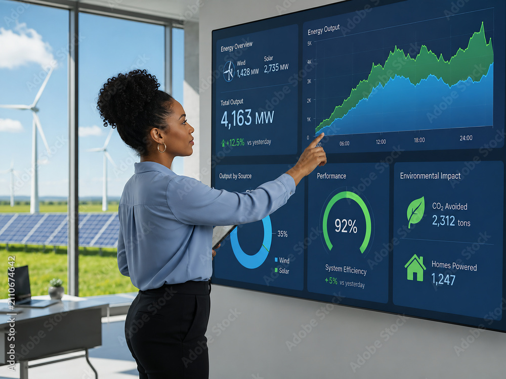 Businesswoman interacting with renewable energy dashboard in a modern office
