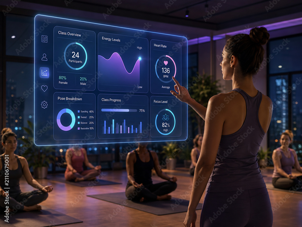 Yoga instructor monitoring fitness metrics on a futuristic digital dashboard