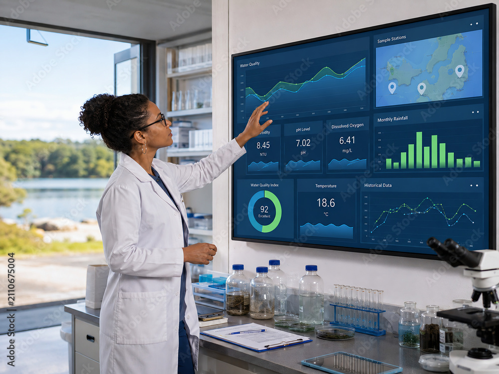 Scientist analyzing water quality data on a digital screen in a laboratory