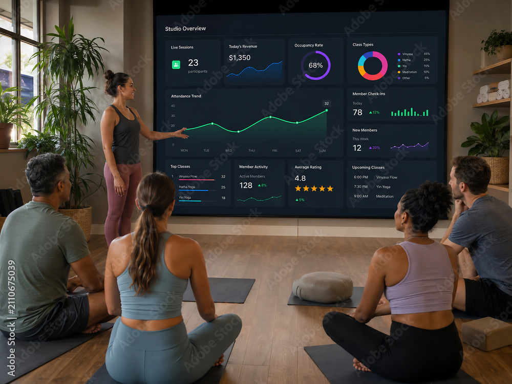 Yoga studio instructor presenting business performance dashboard to students