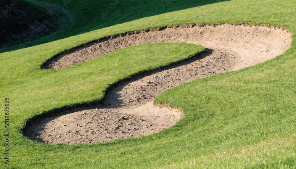 Fototapeta premium Golf bunker shaped like a question mark. Sand trap on green grass representing uncertainty.