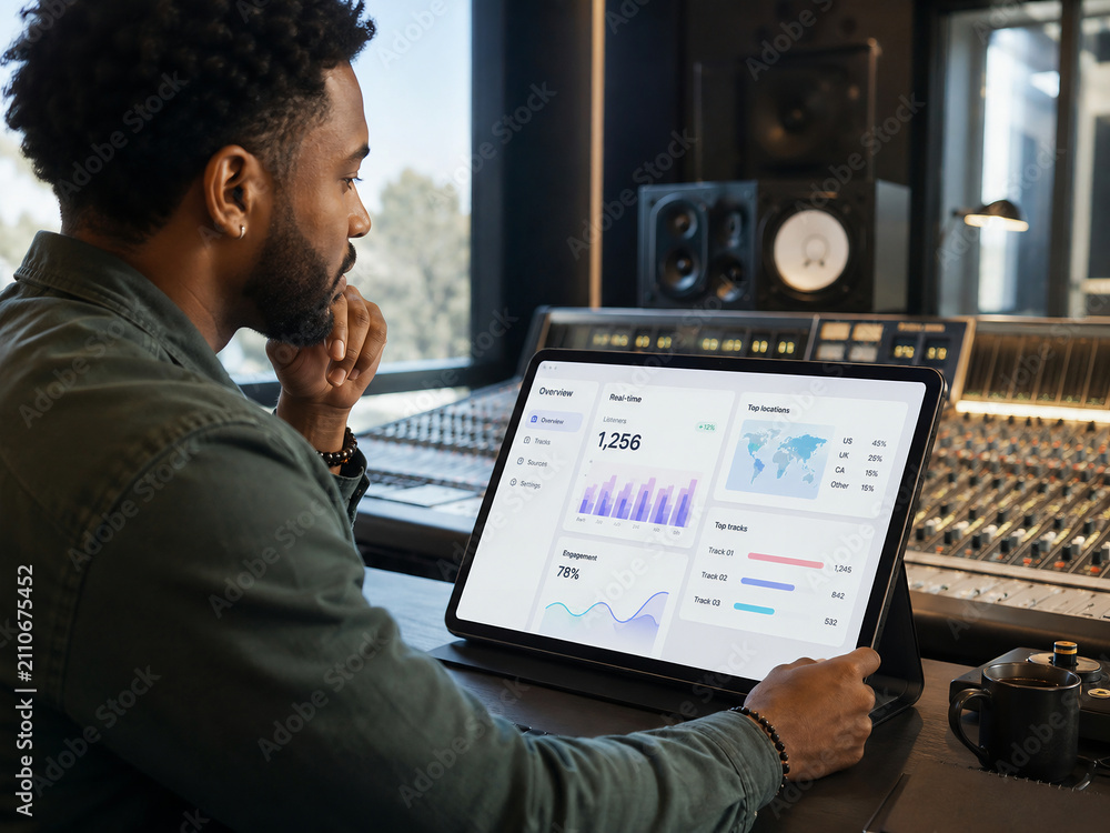 Music producer analyzing listener analytics on a tablet in a recording studio