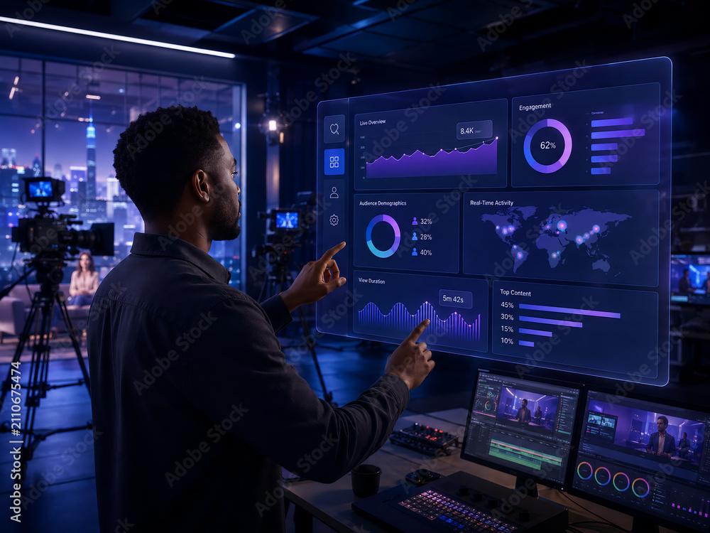 Professional broadcast producer analyzing real-time engagement data on a futuristic digital dashboard in a dark studio