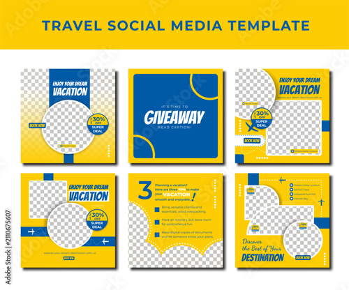 Set of editable social media post template for travel holiday tourism marketing and sale promo, yellow and blue tour advertising square template 