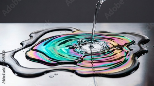 Water pouring onto iridescent metallic liquid surface creating colorful wave ripples