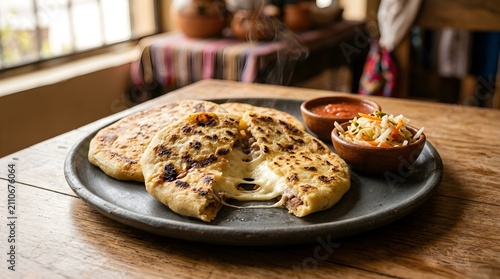 Freshly cooked traditional pupusas stuffed with melted cheese, served with curtido and tomato salsa on a rustic wooden table