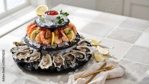 Three tier seafood tower with oysters and shrimp – Ideal for luxury seafood bars, raw bar catering, or high end dining.