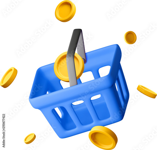 3D Blue shopping basket with flying gold coins