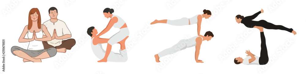 Fototapeta premium Partner yoga poses set, couples acro yoga and contemporary dance duos in balance poses vector illustration.