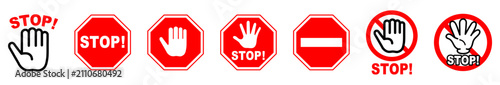 Foto 禁止や警告をイメージしたSTOPのベクターイラストセット。八角形の道路標識風、進入禁止、手のひらと禁止マーク（赤・白・黒）のバリエーション