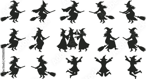 Foto Black silhouette collection of witches flying on broomsticks for halloween desig