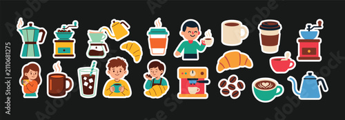 Assorted coffee making tools and beverage icons sticker set isolated on white background and color black with beverage espresso caffeine croissant white background and color black