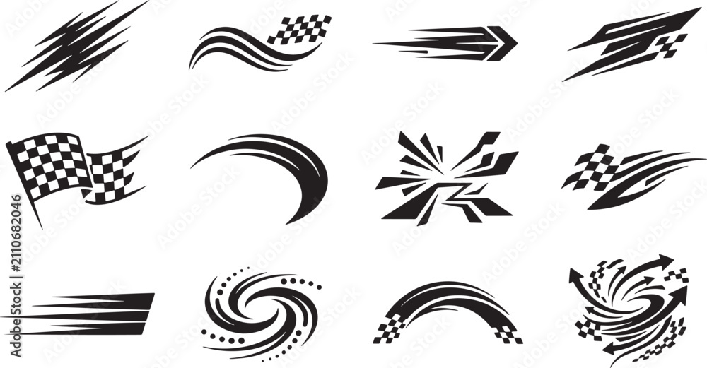 Fototapeta premium Set of black racing decals and speed motion graphics with checkered flag patterns for vehicle decoration