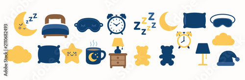 Sleep and bedtime themed graphic icons for night routine white background and color black with relaxation nighttime collection lifestyle wellness white background and color black