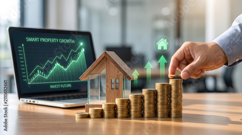Hand stacking coins near wooden house model and laptop with rising property growth chart, real estate investment, Smart property growth and financial wealth concept.
