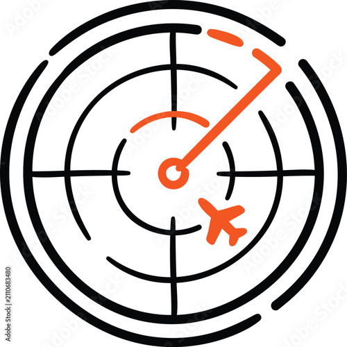 Radar screen with airplane blip representing air traffic control and flight tracking, black and orange hand-drawn outlined icon