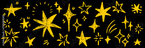 A hand drawn star glows with crayon warmth on paper. Chalk doodles, pencil figures and asterisks surround another hand sketched crayon star full of playful energy.