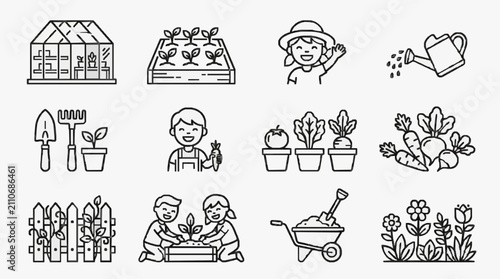 Canvastavla Industrial Style Black and White Line Drawing Icons Set Featuring Gardening Tool