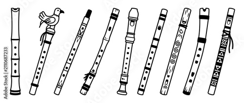 Bild auf Leinwand Collection of Diverse Wooden and Bamboo Flutes