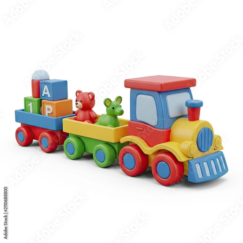 Colorful Plastic Toy Train with Blocks and Animal Figures for Children.