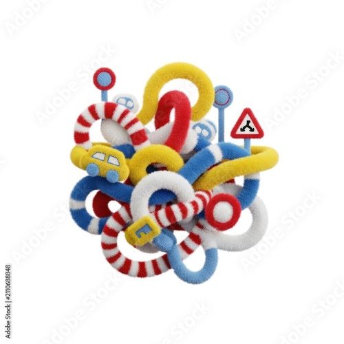 Colorful Abstract Road Signs and Traffic Elements on White Background.