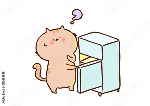 Konstfotografi Cat opening the refrigerator and forgetting what it came for with a question mar