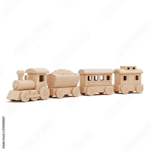 Wooden Toy Train Set Isolated on White Background, Classic Childrens Plaything.