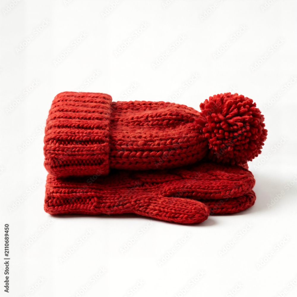 Fototapeta premium Cozy red knitted winter hat and mittens set with winter wear, winter clothes