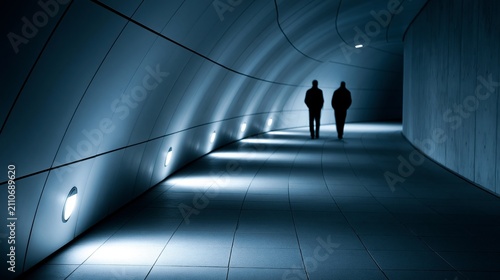 Two silhouettes walking in a dimly lit tunnel, showcasing modern architectural design.